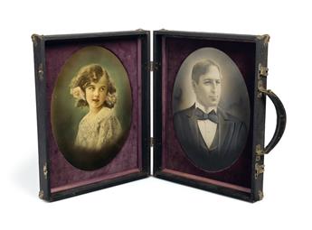 (POP PHOTOGRAPHICA) A salesmans sample suitcase with 2 hand-tinted oval photographs (one on celluloid) and a portrait on silk.